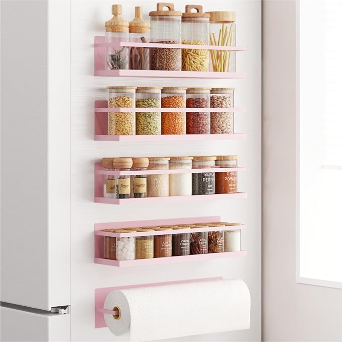 Roysili Magnetic Spice Rack For Refrigerator Magnetic Fridge Shelf For Kitchen Spice Organizer Magnetic Shelf For Fridge Space Saving Pink 4 Pack