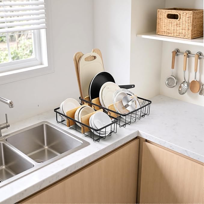 2-Pack Adjustable Lid Organizers - Large Kitchen Cabinet Organizer for Food Storage Container and Tumbler Cup Lids with 6 Bamboo Dividers - Organizers in Kitchen/Pantry/Laundry Room(Size:S+L)