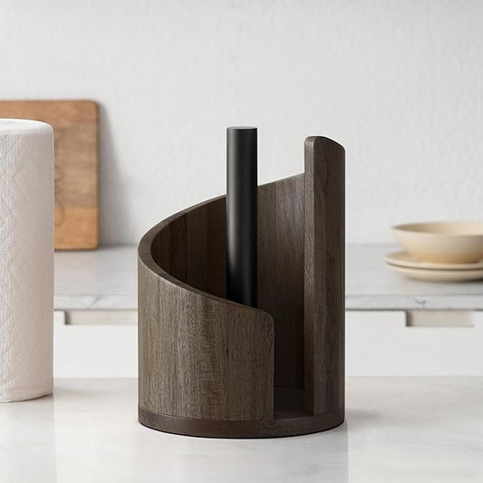 Anji Mountain Paper Towel Holder Countertop with Mango Wood Round Base and Iron Holder,Holder Stand for Kitchen Roll Organize,Wooden Paper Towel Holder for Kitchen Dining Table Home Decor