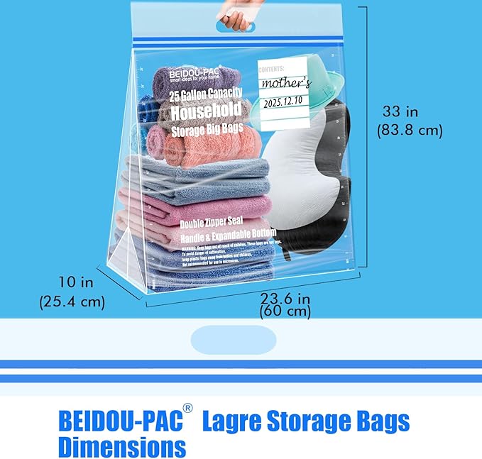 BEIDOU-PAC 25 Gallon Jumbo Storage Bags with Handle, 15 Count | Double Zipper Seal | Expandable Bottom, Resealable Clear zip Bags for Home, Travel, Moving, Commercial and Outdoor