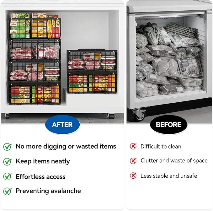 Reinforced Freezer Organizer Bins, 2 Pack Large Stackable Upright Chest Deep Freezer Storage Containers, Black Wire Foldable Baskets with Handles, More Space, Easy Access (V-2 Packs-2)