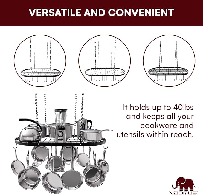 Vdomus Heavy-Duty Hanging Pot Rack - 33x17 Inches - Stylish Black Alloy Steel Ceiling Storage with 15 Hooks - Organize Kitchen Cookware and Utensils - Space-Saving Mounted Overhead Holder