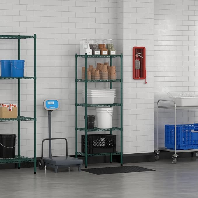 Commercial NSF Listed Green Epoxy Stationary Wire Shelving Kit 14" x 24" x 64", with 5 Shelves Perfect for Warehouse, Walk-in Refrigerator, Freezer, Grocery Store, Restaurant, Dishroom