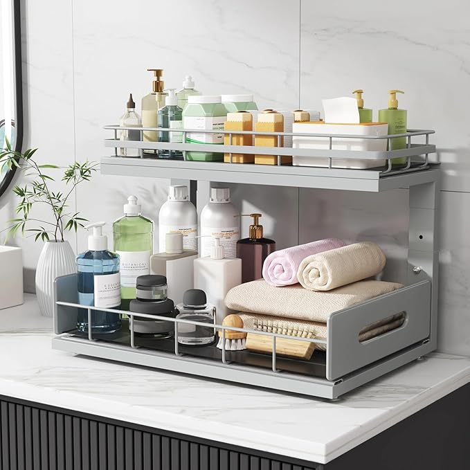 2 Pack 16.7 IN Depth Under Sink Organizer with Smooth Ball Bearing Slides,2-Tier Pull Out Cabinet Storage,Slide Out Drawers for Bathroom&Kitchen,Rust-resistant Coating,Height Adjustable-Gun Gray