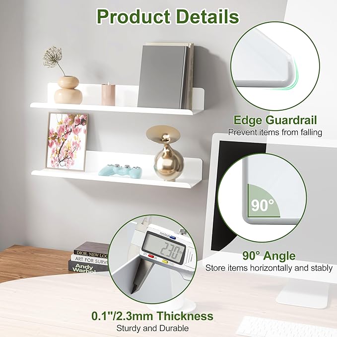SAYAYO White Floating Shelves for Wall Storage, 16 Inch Adhesive Wall Shelves for Bedroom Decor, Small Display Bathroom Shelf Organizer for Kitchen, Living Room, Office, 2pcs