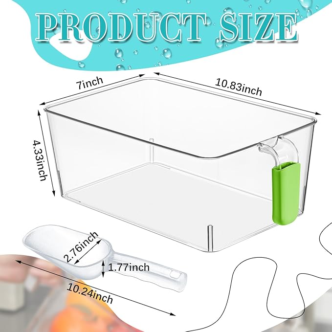 Havawish 2 Set Ice Bin and Flexible Scoop Set Plastic Freezer Ice Bin with Pull Out Handle Storage Bucket Clear for Container with Bucket Scoop (10.83 x 7 x 4.33 in,Green)
