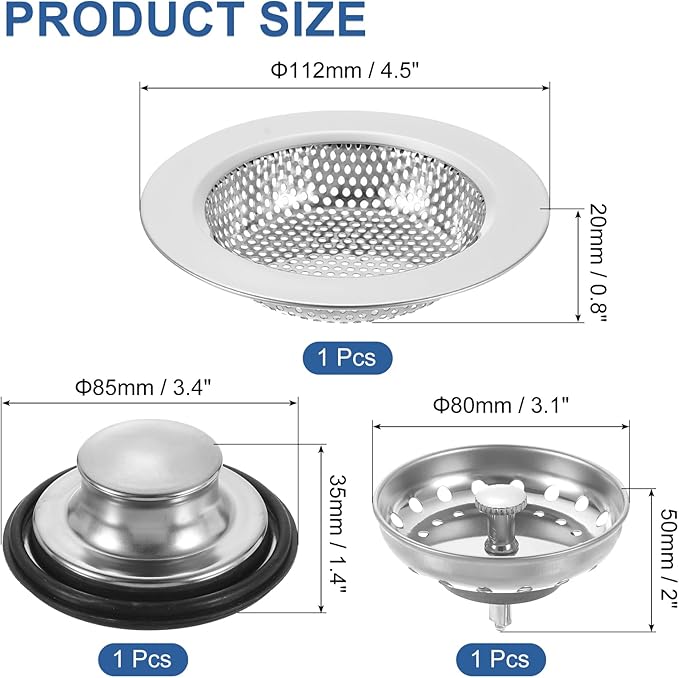 uxcell 3 Pcs Kitchen Sink Drain Strainer Silver, Stainless Steel Kitchen Sink Strainer and Stopper, Anti-Clogging Basket with Handle, for Most Kitchen Sink Strainer Replacement