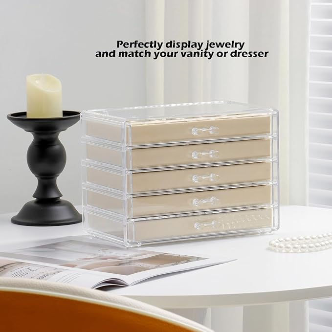 Jewelry Organizer with 5 Drawers Clear Acrylic Earring Display Case Velvet Jewelry Storage Box Display Holder for Earring Ring Bracelet Necklace (Beige, 48 Grids)