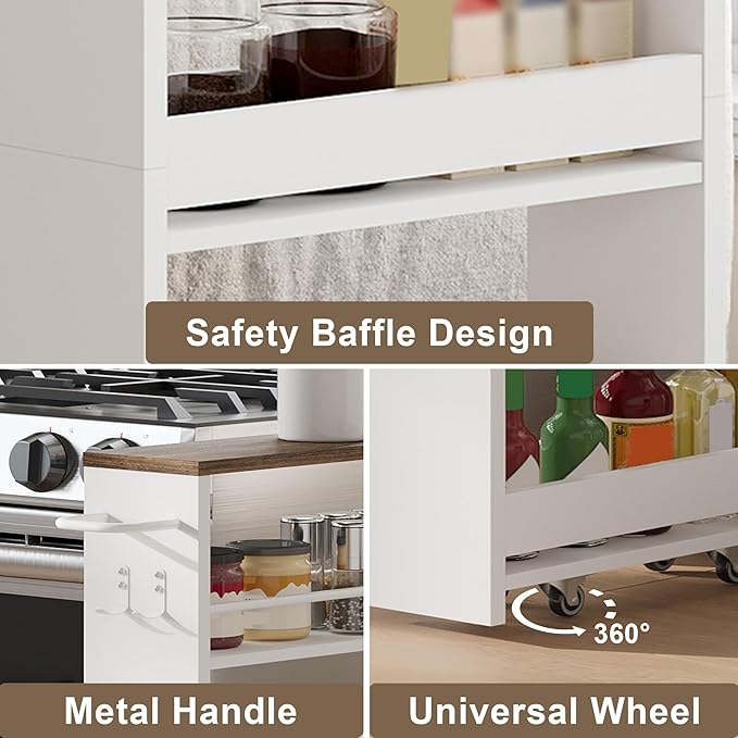 ChooChoo 4-Tier Slim Storage Cart, 5.5 inches Wide Narrow Storage Cabinet with 360° Wheels and 2 Hooks, Laundry Room Storage Organizer for Kitchen, Narrow Places, Walnut+White