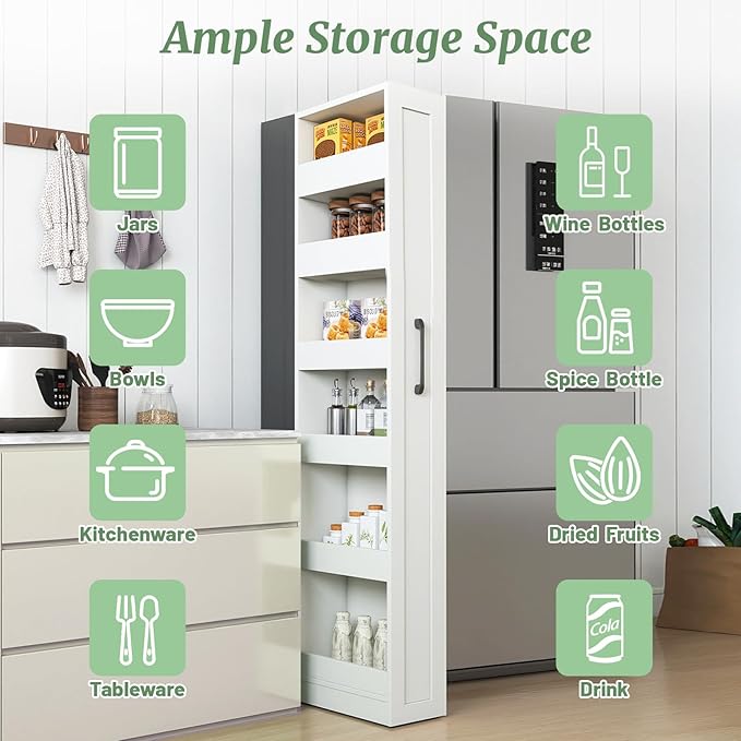 6-Tier Slim Rolling Cart - White Wooden Spice Rack on Wheels - Mobile Storage Shelving Unit for Kitchen, Bathroom & Laundry - Narrow Pull-Out Pantry Organizer for Small Spaces & Next to Fridge