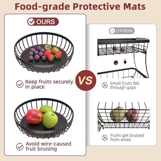 2 Tier Fruit Basket for Kitchen Counter with 2 Banana Hangers, 2025 Pro Detachable Metal Fruit Bowl with Wooden Handle,Fruit Holder for Bread Snack Veggies, Black Extra Large