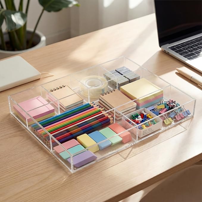 Clear Acrylic Desk Drawer Organizer Storage Tray Organizer for Pens, Stationery, Desktop, Office, Bathroom, Kitchen, Makeup Supplies(7 Compartments)