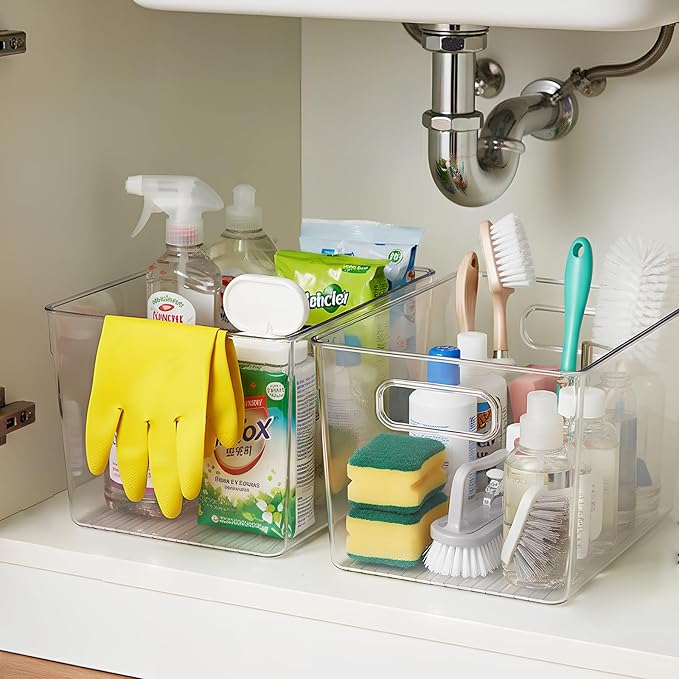Clear Plastic Storage Bins, Pantry Organizers & Storage Containers, Cabinet Organizer, Home Organization Must Haves for Kitchen, Laundry Room, Office, Closet & Freezer (4 Pack with Lids)
