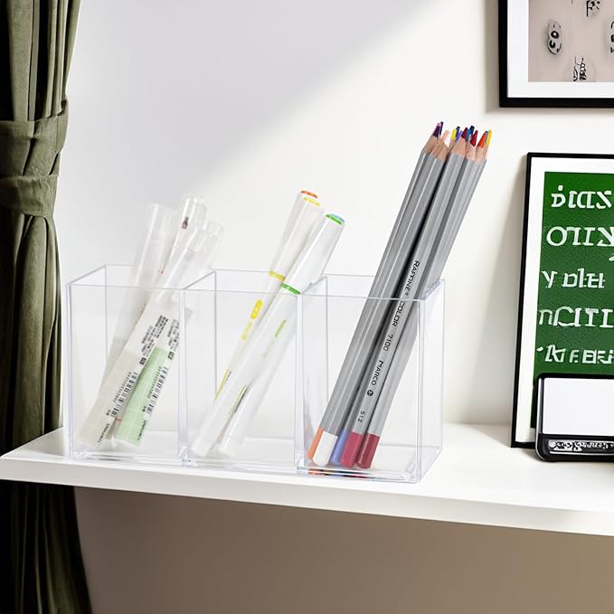 ZEXALOR Clear Drawer Organizer, 3 Sections Brush Organizer Holder, Drawer Dividers Office Desk Tray Bathroom Makeup Jewelry Trays (Brush holder)