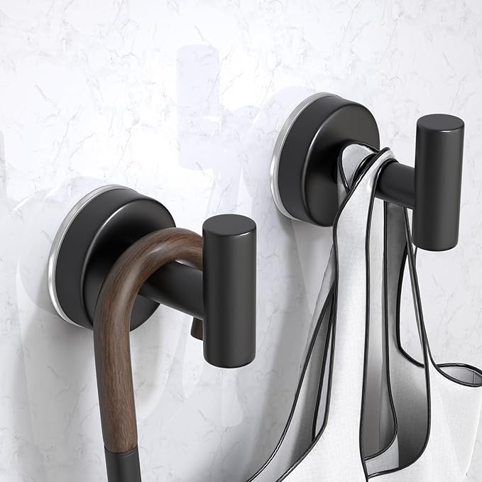 VINHOLD Suction Cup Hooks for Shower, Stainless Steel Towel Hooks for Bathroom Wall, Glass Door, Kitchen, Mirror, Tile, Shower Hooks for Hanging Towels, Robes, Bath Balls (2 Pack，Black)