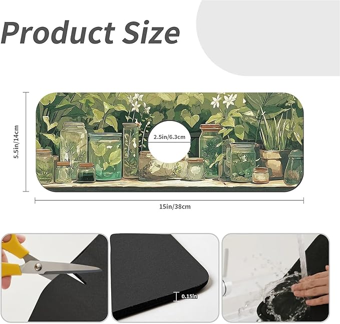 Kitchen Sink Splash Guard，Glass jars and bottles Faucet Mat Sink Gadgets-Super Absorbent Fast Drying Mat Drip Catcher for Kitchen, Bathroom,Sink Mat, Dish Drying Mat, Bathroom(15" X 5.5" )