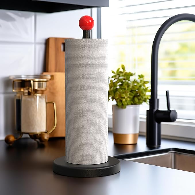 KitchLife Paper Towel Holder Countertop, 1 Pack Freestanding Decorative Black Red Weighted Holder Fits Jumbo Roll - Aesthetic Solid Paper Towel Dispenser Stand with Thickened Wider Anti-Skid Base