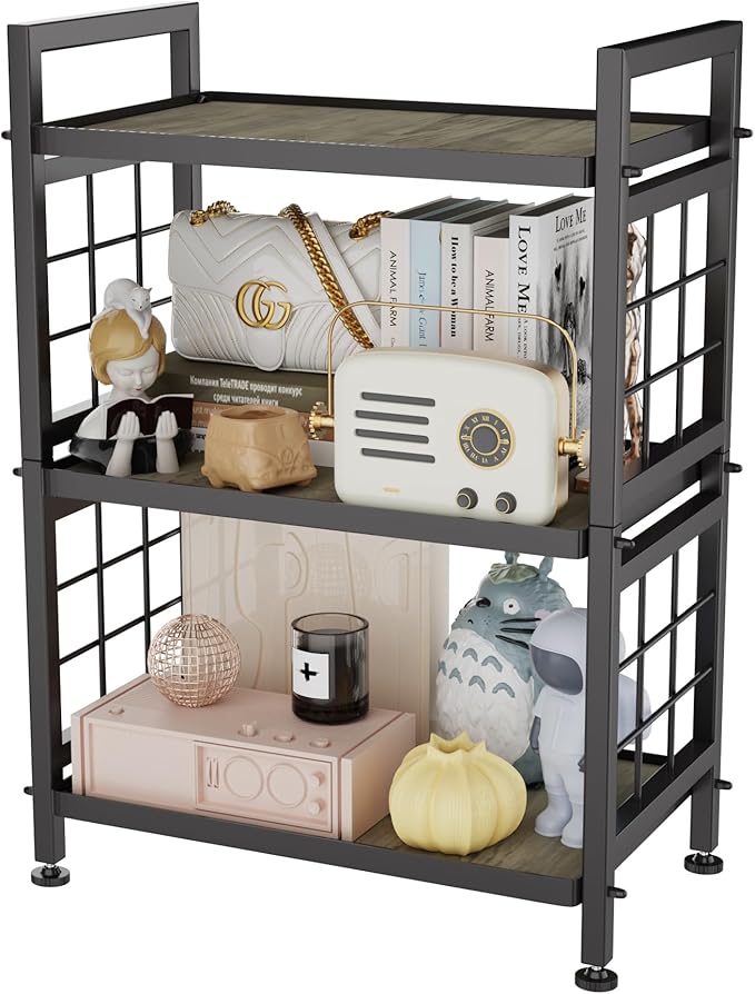 GIOTORENT 3-Tier Pantry Shelves with Wooden Boards, Heavy Duty Storage Shelves & Book Shelf, Adjustable Metal Shelving Unit for Kitchen Bathroom Laundry Organizer, Sturdy Rust-Resistant, Black
