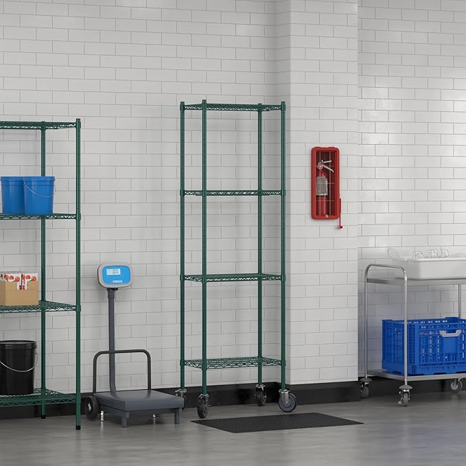 Commercial NSF Listed Green Epoxy Mobile Wire Shelving Kit 14" x 24" x 80", with 4 Shelves Perfect for Warehouse, Walk-in Refrigerator, Freezer, Grocery Store, Restaurant, Dishroom