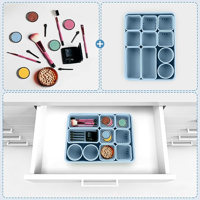 Silicone Makeup Organizer Drawer Set with Clear Lid - Stackable Vanity & Bathroom Drawer Organizer, Adjustable Compartment Desk Drawer Organizer for Cosmetics, Toiletries, Office Supplies