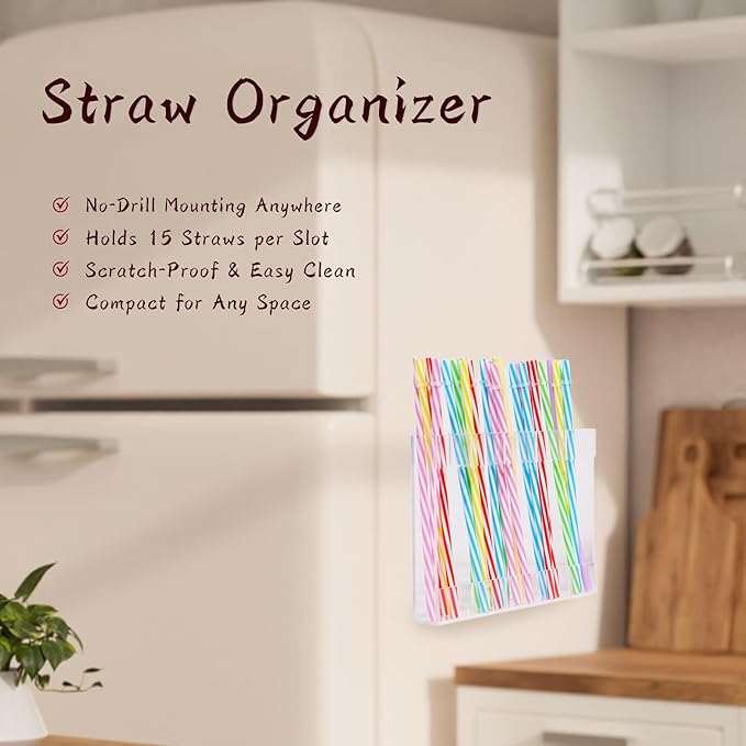White Acrylic Straw Holder & Tumbler Organizer for Cabinet Door, Countertop – Reusable Straw Storage Dispenser, Kitchen Cabinet Organizer for Straws, Accessories (transparent)