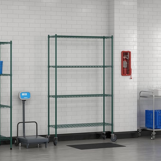 Commercial NSF Listed Green Epoxy Mobile Wire Shelving Kit 14" x 48" x 80", with 4 Shelves Perfect for Warehouse, Walk-in Refrigerator, Freezer, Grocery Store, Restaurant, Dishroom