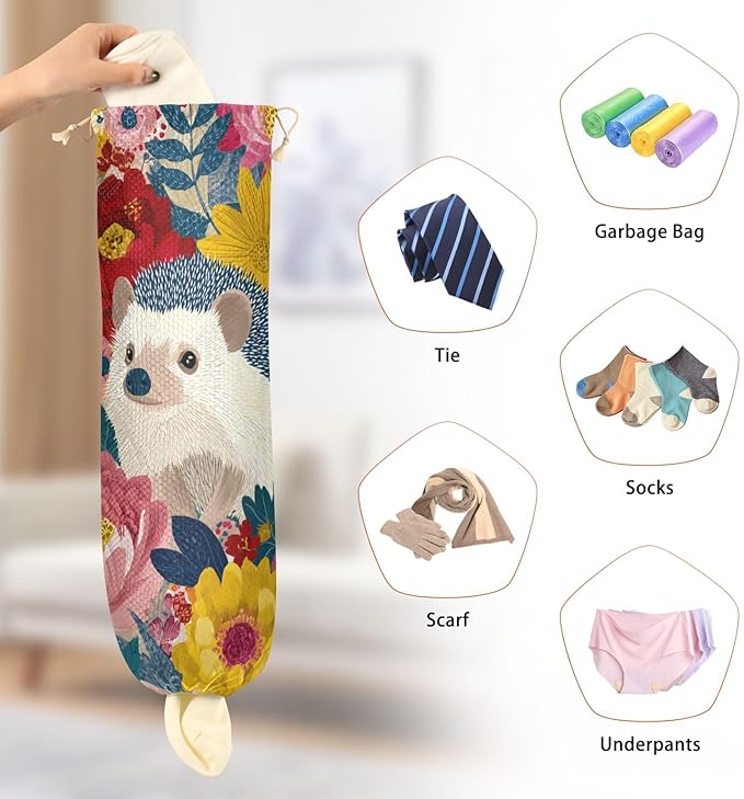 Plastic Bag Holder Wall Mount Grocery Bag Shopping Bag Storage Holder Organizer Dispenser with Adhesive Hook,for Kitchen Bathroom Home Decor 9x22 Inches Garden Flowers Hedgehogs Colorful12