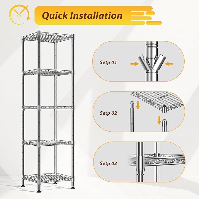 5 Shelf-Wire Shelving Metal Shelves Storage Rack:Adjustable Storage Shelves Standing Shelf Units and Narrow Shelf for Laundry Bathroom Kitchen Pantry Closet Office 12''Wx12''Dx49''H Chrome