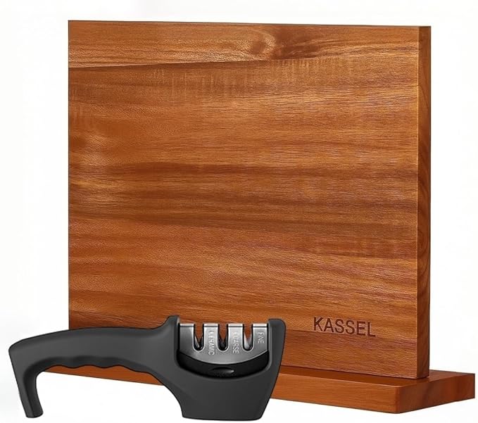 KASSEL Magnetic Knife Block with Knife Sharpener | Double-Sided Acacia Wood Magnetic Knife Holder | Kitchen Knife Display Stand for Countertops | Strong Magnet Knife Holder