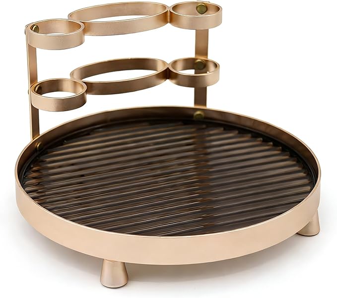 YUPER Round Metel Bathroom Tray Dresser Counter Decor Vanity Organizer Decorative Coffee Table Tray for Perfume, Candle, Soap Dish, Toothbrush, 9 Inch, Gold