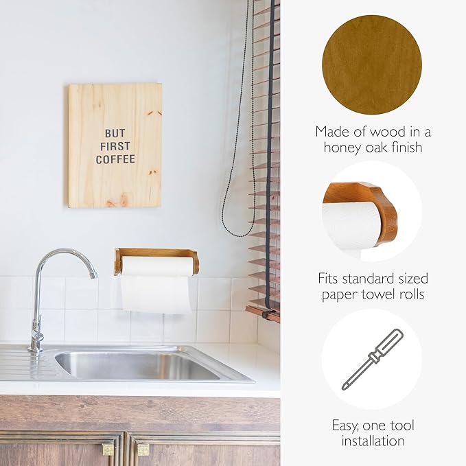 Design House Dalton Paper Towel Holder, Wall Mount, Easy Installation, Wood, Honey Oak, Durable, 13.4 in, 13.75 in W x 4.6 in L x 3.5 in H, Item 561233