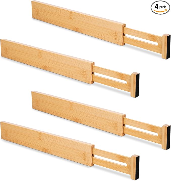 Bamboo Drawer Dividers 4 Pack, 16.4"-21.5" Expandable Drawer Organizer Separators for Kitchen, Bedroom, Dresser