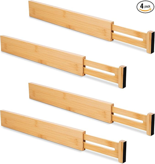 Bamboo Drawer Dividers 4 Pack, 16.4"-21.5" Expandable Drawer Organizer Separators for Kitchen, Bedroom, Dresser