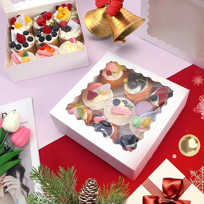 40 pcs 8x8x2.5 Inches Cake Box with Window, Bakery Pastry Cookie Boxes, Mini Pie for Pastry,Dessert,Strawberries,Chocolates（White）