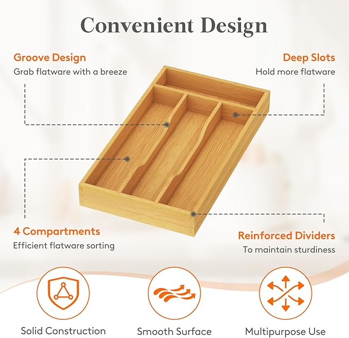 Lifewit Silverware Drawer Organizer, Utensil Tray for Kitchen, 4 Slot Flatware and Cutlery Holder, Storage for Spoons Forks Knives, Natural
