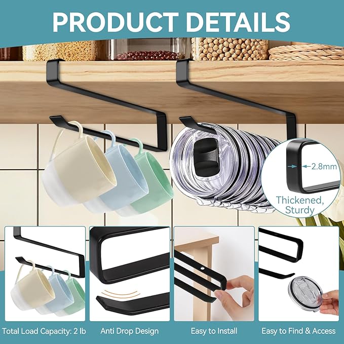 Coffee Mug Holder, 2 Pack Tumbler Lid Organizer for Yeti Lids Holder, Mug Hanger Under Cabinets,Space Saving Cup/Mug Rack Holds Up to 12 Lids,Water Bottle Lid Organizer for Kitchen Storage