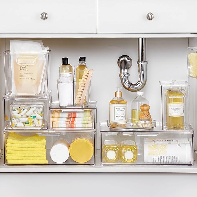 mDesign Plastic Stackable Kitchen Storage Organizer Bin Containers with Front Pull Drawer for Cabinet, Pantry, Fridge, Freezer, Shelf, Refrigerator Organization - Lumiere Collection - Clear