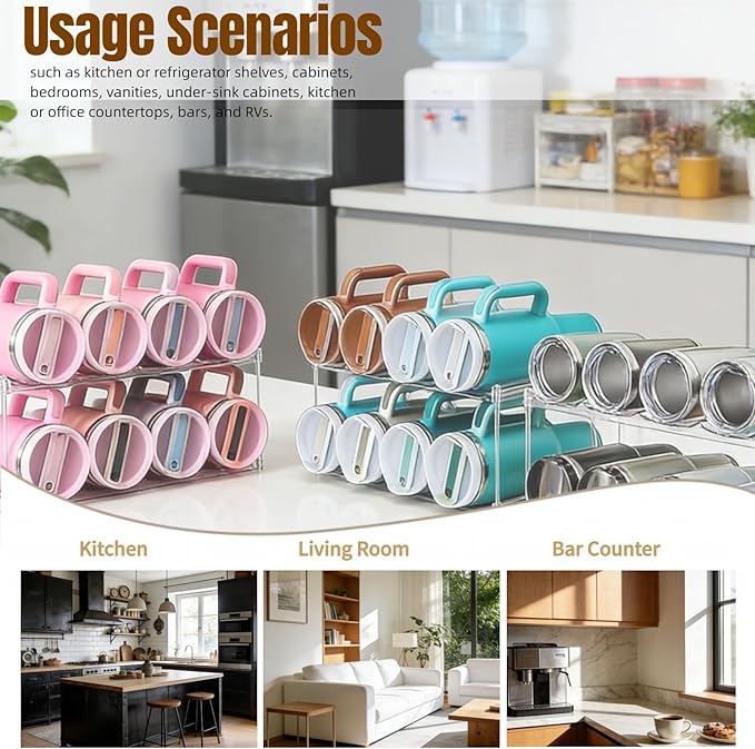 Water Bottle Organizer for Stanley 40 OZ Tumbler Cup Accessories, Clear Stackable Bottle Holder Wine Rack for Cabinet Countertop Kitchen Home Pantry Shelf Storage, 2 Tier Hold 8 Bottles