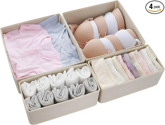 Drawer Organizer Set 4 Pack - Foldable Fabric Storage Bins with Zipper Bottom for Underwear Socks Bras Baby Clothes - Closet Dresser Organizers Dividers for Bedroom Nursery, Beige