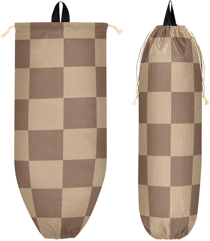 Plastic Bag Holder Wall Mount Grocery Bag Shopping Bag Storage Holder Organizer Dispenser with Adhesive Hook,for Kitchen Bathroom Home Decor 9x22 Inches Checkered Brown03