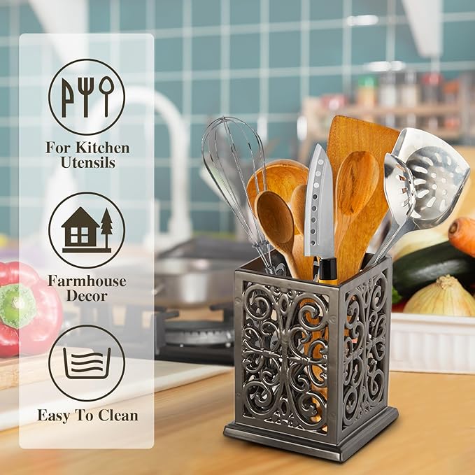 jogreful Utensil Holder, Cast Iron Kitchen Utensil Crock for Countertop, Extra Large Utensil Organizer with Weighted-Base, Housewarming Vintage Decor, Classic Style, Coffee Gold