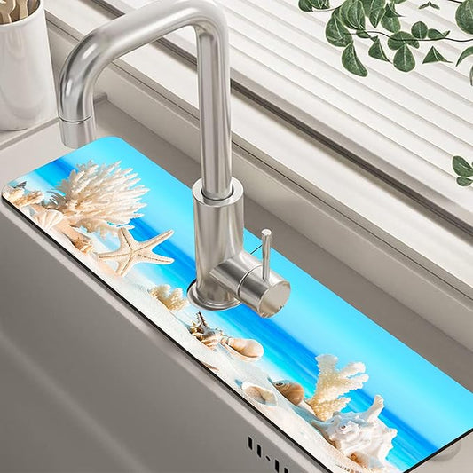 Tropical Beach Seashells Kitchen Sink Splash Guard Absorbent Fast Drying Mat Faucet Draining Mat Behind Faucet Drip Catcher for Kitchen Bathroom 5.5"24"