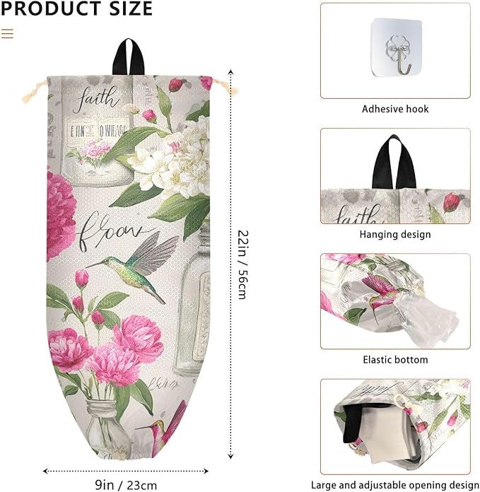 Plastic Bag Holder Wall Mount Grocery Bag Shopping Bag Storage Holder Organizer Dispenser with Adhesive Hook,for Kitchen Bathroom Home Decor 9x22 Inches Vases Flowers Birds Beige17