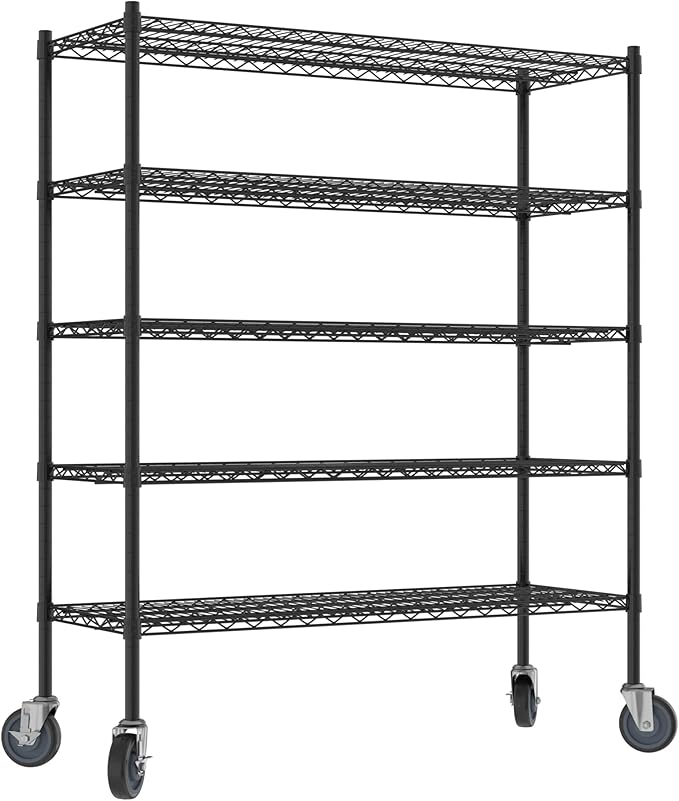 Commercial NSF Listed Black Epoxy Mobile Wire Shelving Kit 18" x 48" x 60", with 5 Shelves Perfect for Warehouse, Walk-in Refrigerator, Freezer, Grocery Store, Restaurant, Dishroom