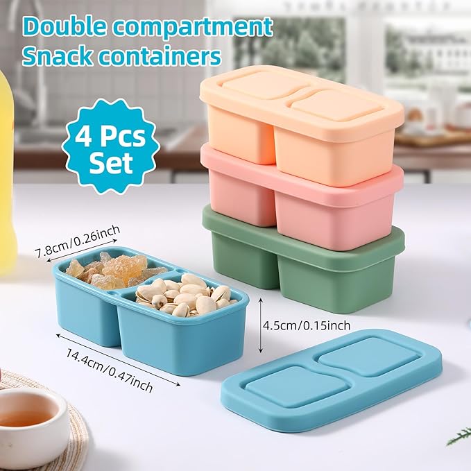 4 Pack Silicone Snack Containers with Lids, 6.8 Oz Double Compartment Food Storage Containers for Picnic, School, Office, Travel Meal Prep and Kitchen Storag