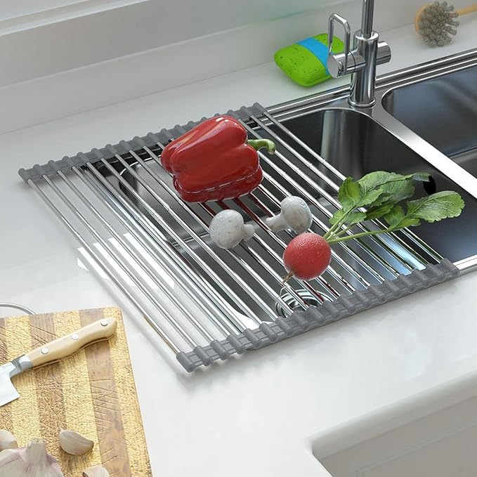 Expandable Large Roll Up Dish Drying Rack 18 Tube 21.25x12.79''Collapsible Over The Sink Rack Non-Slip Silicone Rolling Dish Drainer Stainless Steel Roll Rack for Kitchen Sink Counter (Gray)