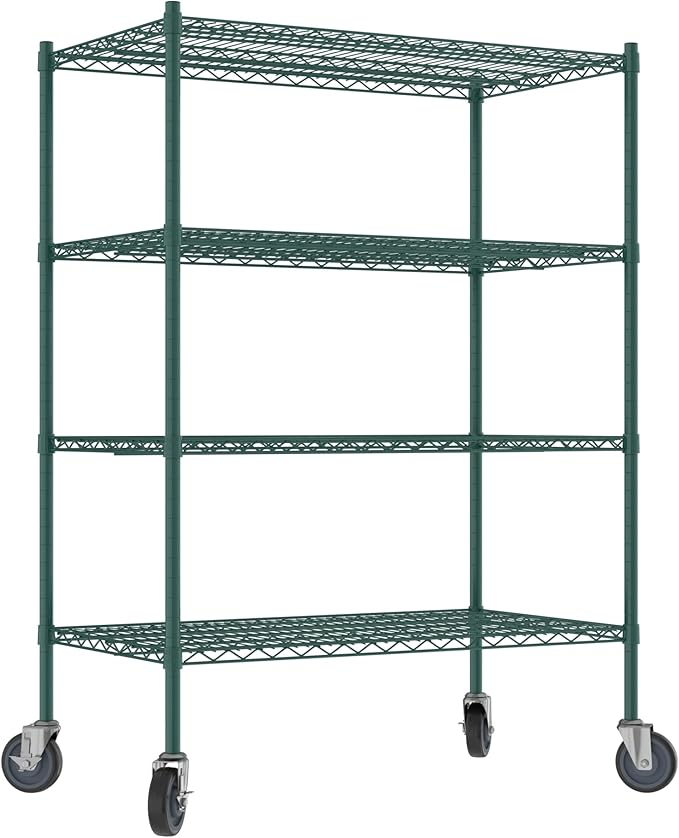 Commercial NSF Listed Green Epoxy Mobile Wire Shelving Kit 24" x 42" x 60", with 4 Shelves Perfect for Warehouse, Walk-in Refrigerator, Freezer, Grocery Store, Restaurant, Dishroom