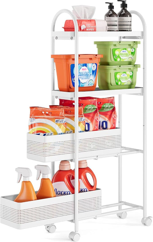 KINGRACK 4-Tier Slim Storage Cart with Pull Out Basket, Rolling Bathroom Organizer Utility, Metal Shelving Unit Slide Out, Lockable Wheels, Easy Assembly for Narrow Place, Kitchen, Laundry Room, White