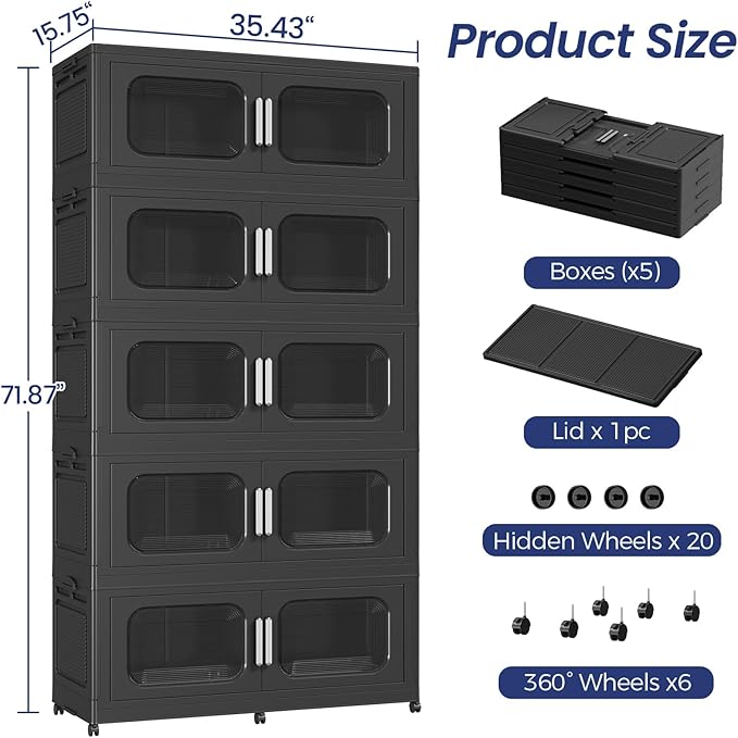 QAVABIN 250GAL Extra Large Storage Bins with Lid, 1000QT Storage Bins with Wheels, Folding Closet Organizer, Stackable Collapsible Plastic Storage Containers for Home, Office, Kitchen, 5Pack Black
