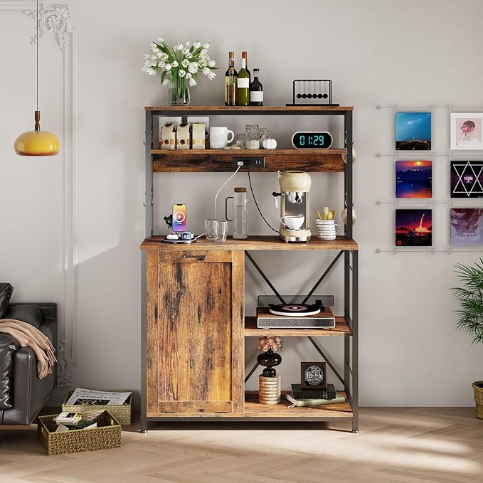 HOOBRO Bakers Rack with Power Outlet, Microwave Stand with Trash Can Bin Cabinet, 5-Tier Kitchen Storage Shelf Cabinet, Tall Coffee Bar Table Station for Dining Room, Rustic Brown and Black BF50UHB01